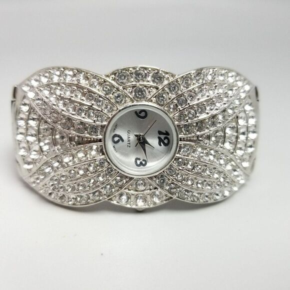 Vintage Rhinestone Encrusted Silver Tone Cuff Bangle Quartz Watch, AS IS - Picture 2 of 9